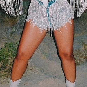 Xpluswear Plus Size Silver Party Sequin Fringe Button Denim Shorts
